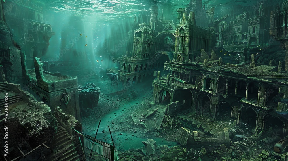 Fantasy RPG underwater city with unstable architecture, deep-sea trenches, air pockets, exploring adventurers, murky water effects