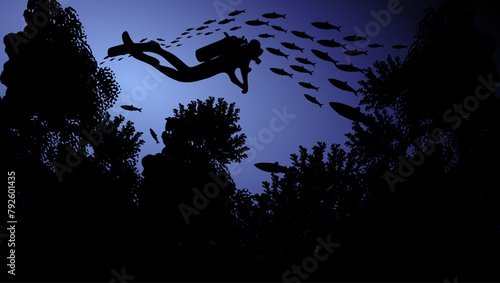 diver among school of fish, flat color illustration