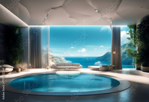 '3d pool water Surreal Arc interior render lounge restorative wall escapism landscape poduim three-dimensional background dais abstract white winter scene nature minimal arch universe'