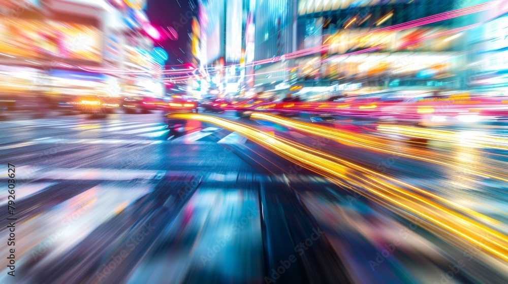 Defocused Rush The chaotic blur of a busy intersection is transformed into an abstract canvas with streaks of light and color creating a sense of movement and excitement. .