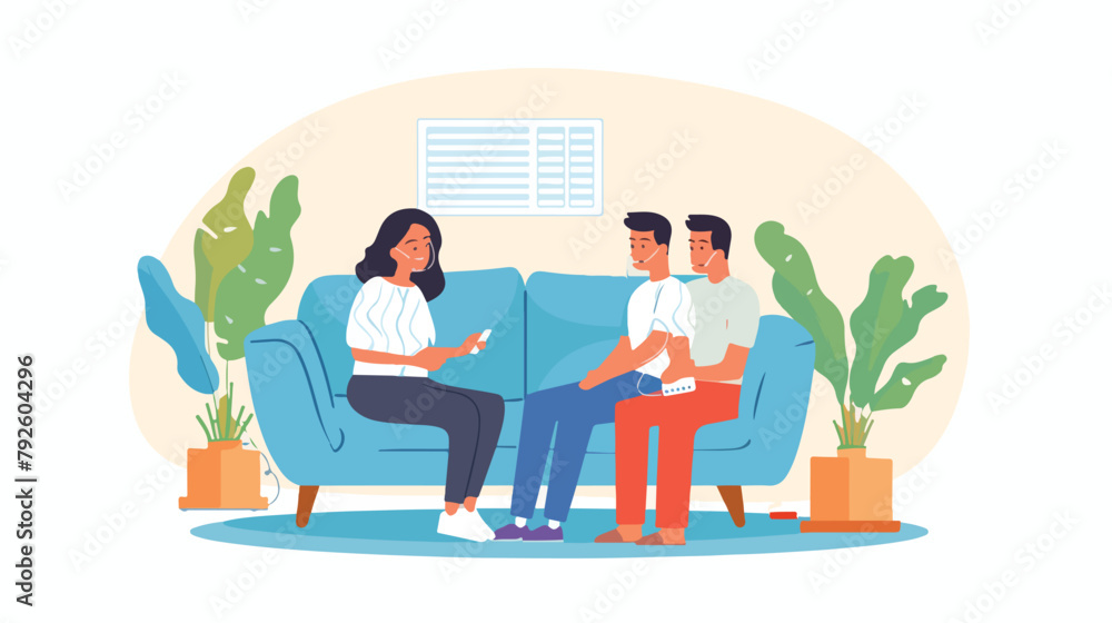 Sad family talking with psychologist on the sofa. vector