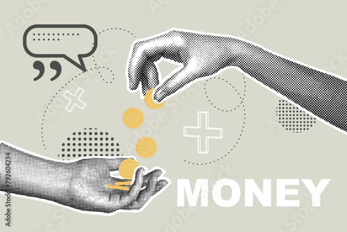 Trendy halftone collage of business concept.Vector illustration of finance, money, banking, profit, investment. Vector illustration of business, web banner, social media banner, marketing material. Ve