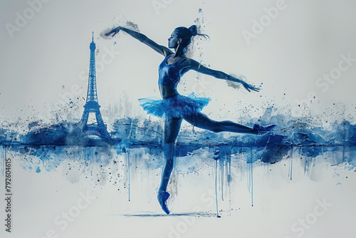 Blue paint of olympic gymnastics woman in artistic move at eiffel tower