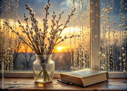 Palm Sunday. A close-up of a bouquet of willow in a glass vase and a book of the Bible against the background of an old white window with raindrops on the glass and the setting sun.