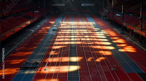 On the unmanned track, red starting blocks create an orderly ambiance