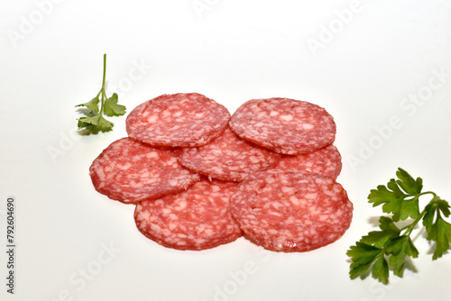 Sausage cut into thin slices.