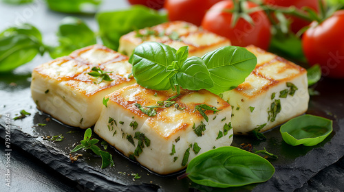 Roasted slices of halloumi cheese on wooden plate with basil