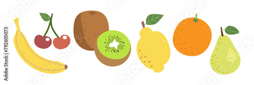 A set of fruit icons on a white background. Banana, orange, lemon, pear, cherry , kiwi. Fruit doodles colorful cartoon style .The objects are isolated. Vector health vitamins , harvest illustration