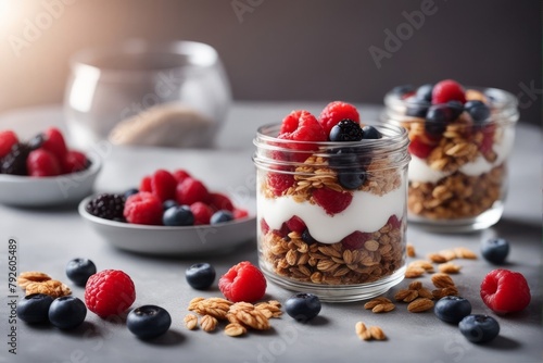 'tasty homemade granola yogurt grey table closeup healthy breakfast background berry blueberry bowl cereal cook crunchy dairy delicious dessert diet dry eat food fresh fruit gastronomy epicure'