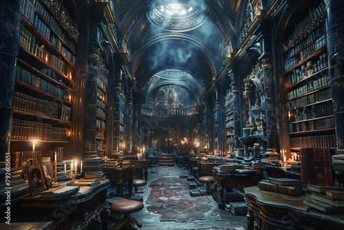 Arcanist s study, tomes and artifacts, chamber of secrets and spells, focused research, candlelit study, magical research photo