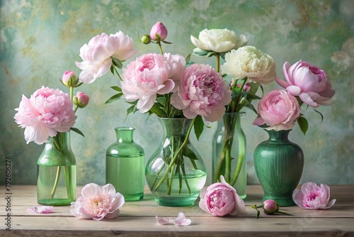 Beautiful white and pink peonies in glass vases on a wooden table. Flowers and buds in a vase. Light  white  pink green floral background.