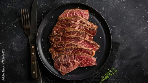 US prime beef steak served on a black plate with fork and knife cutlery, premium quality meat filling