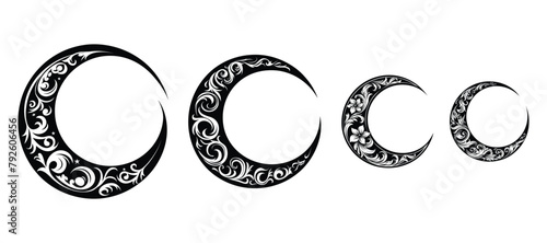 Vector floral crescent moon set. Decorative illustration in boho style, for Ramadan Kareem concept. Black and white vector illustration
