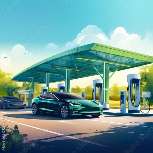 Electric vehicle charging at a solar-powered station, showcasing eco-friendly energy use and sustainability © Дмитрий Симаков