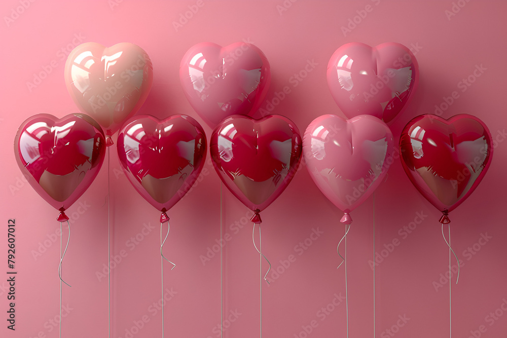 Red and pink heart balloons,
Heartshaped balloons on pink background Valentines Day or wedding party concept
