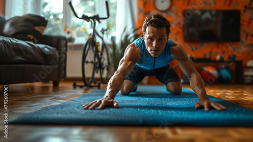 Man doing bicycle crunches on a fitness mat, pushing himself to reach his home workout goals. photo