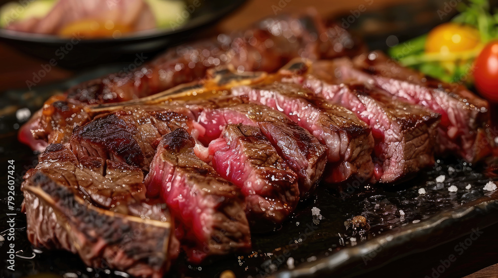 Grilled beef steak slices on black plate. Japanese A5 Wagyu beef steak