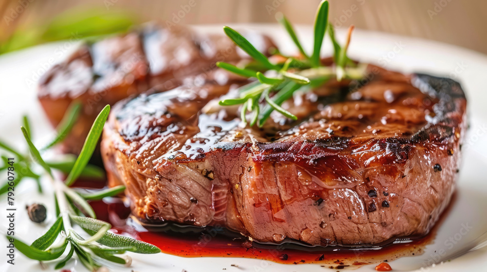 Two Grilled beef Steaks with rosemary and sauce on a white plate. Two Grilled beef Steaks with rosemary and sauce on a white plate.
