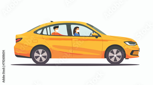 Sedan car with a young man and woman in a medical mas © Blue