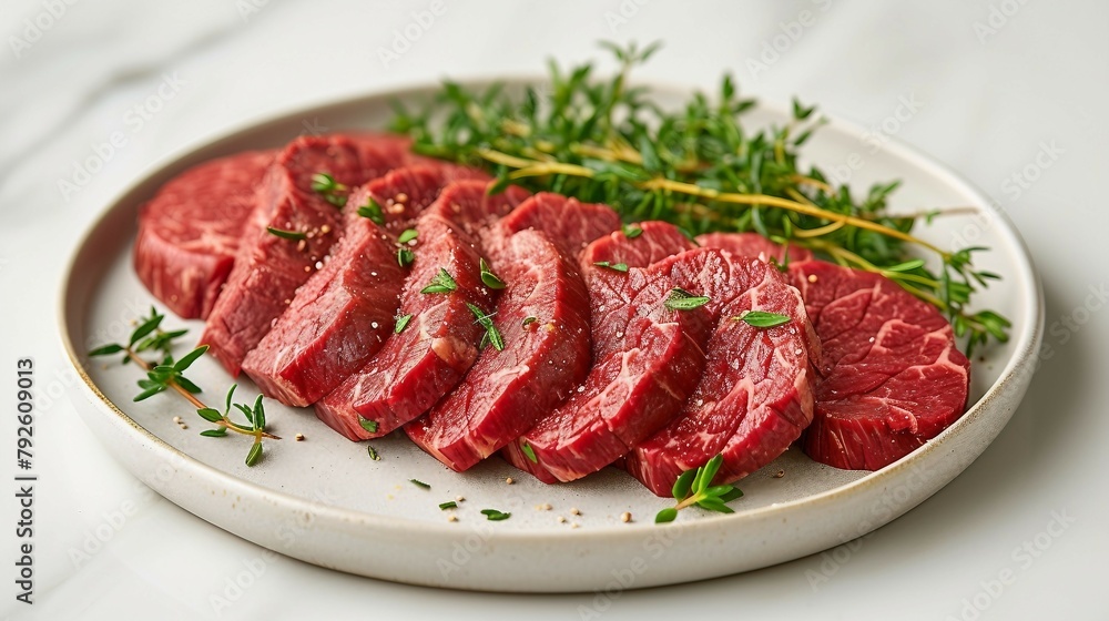 Sliced roast beef arranged on light background. AI generate illustration