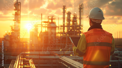 Engineer in Safety Gear Overseeing Oil Refinery Operations at Dusk