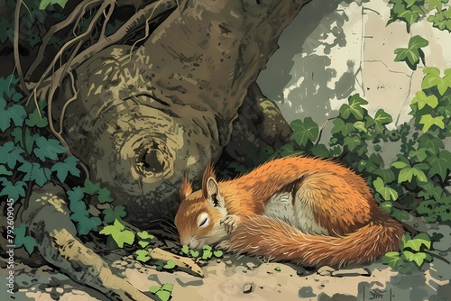 cartoon illustration, a squirrel sleeping under a tree