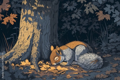 cartoon illustration, a squirrel sleeping under a tree