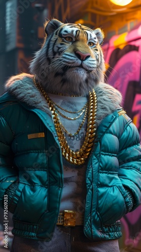 Trendsetting tiger in a bomber jacket  accessorized with gold chains  against a graffiti-filled alley backdrop  lit with streetlamp glow  exuding urban sophistication and edge