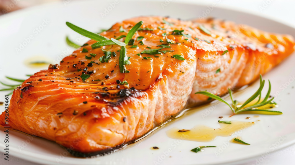 Grilled salmon steak with rosemary and olive oil on white plate Grilled salmon steak with rosemary and olive oil on white plate