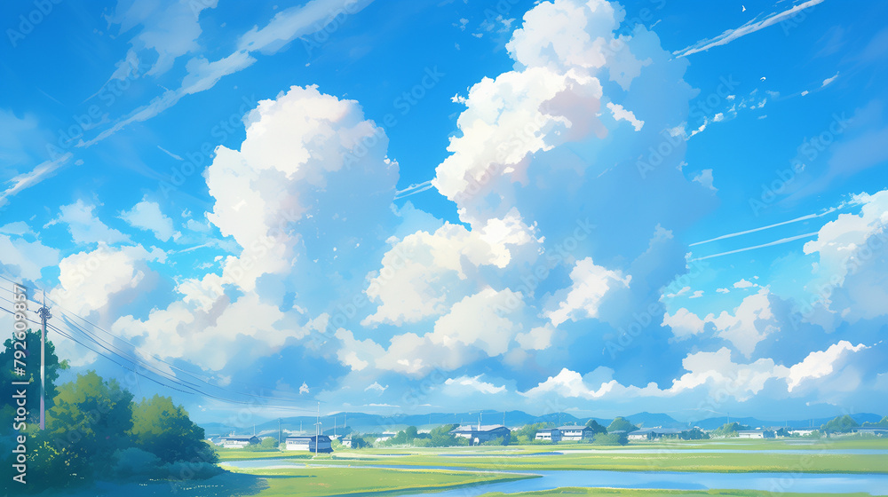 Summer Cloudy Sky Suburb Landscape Japanese Anime Style Poster Wallpaper
