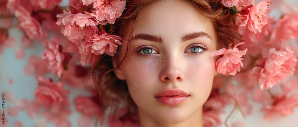 Portrait of a young woman adorned with pink flowers in her hair and background. Concept Portrait Photography, Floral Hair Accessories, Pink Flower Adorned, Young Woman Portrait, Joyful Expression Portrait of a young woman adorned with pink flowers in her hair and background. Concept Portrait Photography, Floral Hair Accessories, Pink Flower Adorned, Young Woman Portrait, Joyful Expression