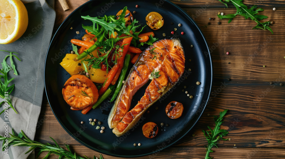 Salmon steak with vegetables on wooden background. Top view. served on a black plate. Salmon steak with vegetables on wooden background. Top view. served on a black plate.