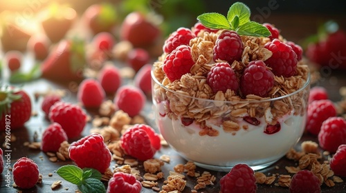 Yogurt and granola parfait in a neat. AI generate illustration photo