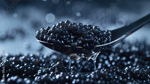 Black caviar in a spoon close-up on a dark background photo