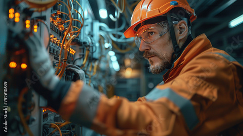 Detailed view of a technician wearing all safety equipment while working on a high-voltage electrical panel, with a banner for World Day for Safety and Health in the background, high-resolution photo