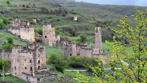 The complex of old Egikal Towers, the largest medieval castle-type tower villages, is located on the outskirts of a mountain range in Ingushetia, Russia. An ancient family crypt. 4К photo