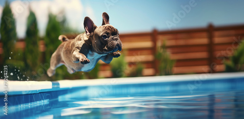 French bulldog diving into the pool