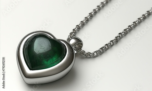 heart Emerald and silver chain necklace that is easy to match copy space