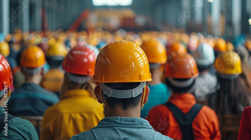 Macro shot of a group of workers from various backgrounds, each wearing a safety helmet, raising their helmets in unison at a World Day for Safety and Health rally, with a crowd blurred background