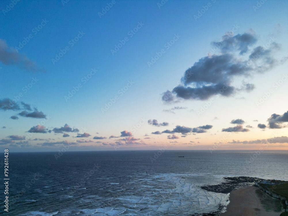 Fototapeta premium Aerial View of Botany Bay Beach and Sea View During Sunset at Broadstairs Kent, England UK. April 21st, 2024