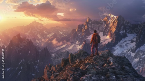 A Hiker Overlooking Mountain Sunset