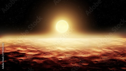Martian morning from space. The sun above the surface of a red planet. Beautiful landscape of a desert planet.