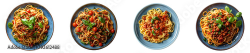 Pasta bolognese plate set PNG. Spaghetti bolognese PNG. Spaghetti bolognese on plate top view PNG. Italian cuisine with minced meat and tomatoes