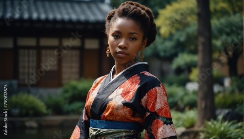 beautiful black african young woman wearing traditional japanese yukata from Generative AI