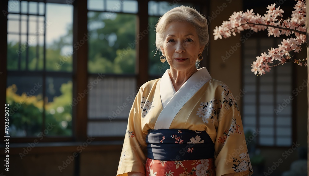 beautiful blonde elderly woman wearing traditional japanese yukata from Generative AI