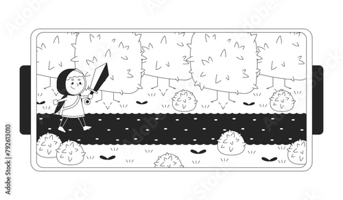 Arcade adventure game on phone black and white 2D line cartoon object. Knight boy with sword. Mobile mmorpg isolated vector outline item. Platform level RPG monochromatic flat spot illustration