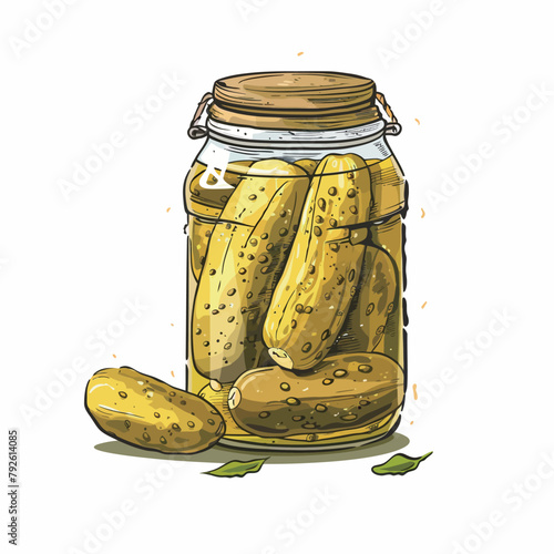 Glass jar of pickled cucumbers. Hand drawn vector illustration.