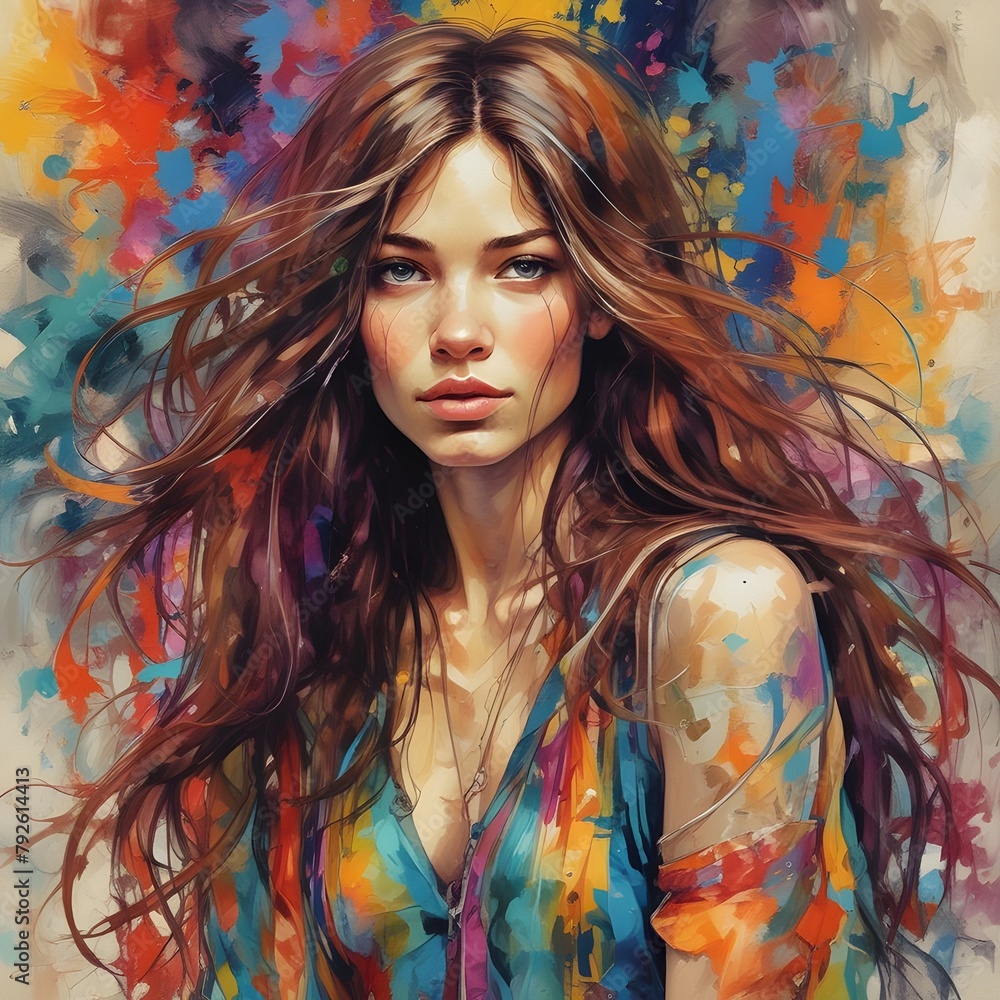 A portrait of a beautiful woman with long wavy hair, wearing a psychedelic dress. An abstract artwork emulating the hippie or woodstock era, and a great image for your retro fashion blog.
