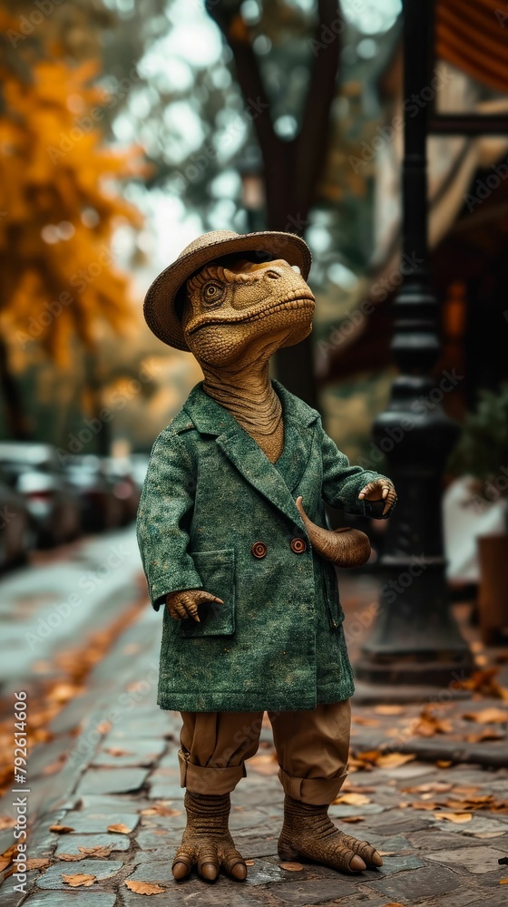 Sophisticated dinosaur roams city streets in tailored splendor, epitomizing street style. The realistic urban setting captures the prehistoric charm seamlessly merged with contemporary fashion allure 