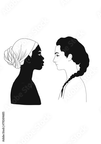 Silhouette two girls, black and white skin, so different so similar, no racism